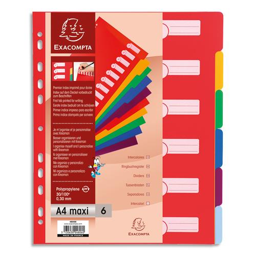 Intercalaires touches neutres colorees - A4+ - Polypro - Jeu de 6