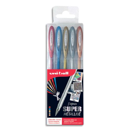 Pochette de 5 stylos bille Uniball - encre gel Platines - couleurs pailletees assorties