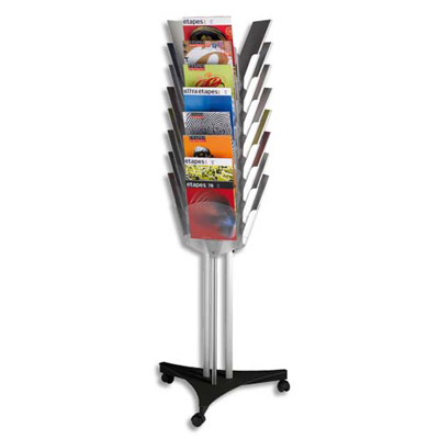 Presentoir mobile Paperflow - 3 faces 24 cases alu-cristal A4 63,6x167x56 cm