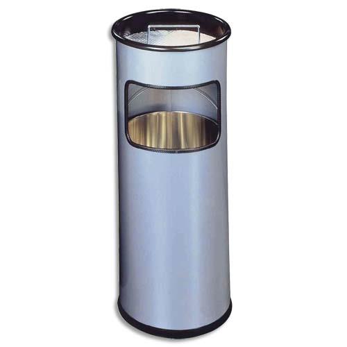 Poubelle ronde avec cendrier a sable - 16 litres - coloris argente
