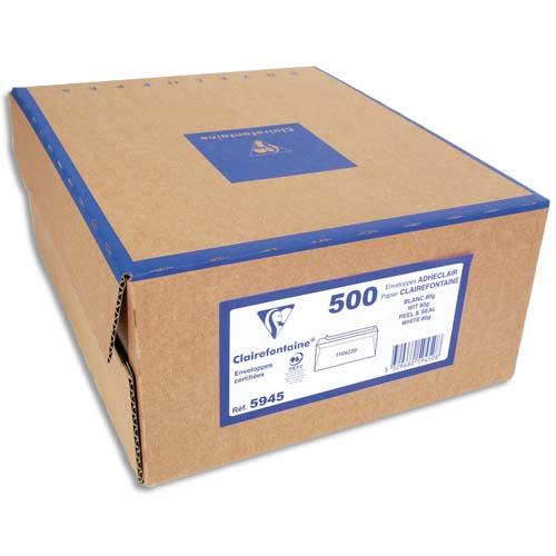Boite de 500 enveloppes Clairefontaine en velin blanc 90g PEFC - fenetre 45x100 - fermeture auto-adhesive - format C5 162 x 229 mm