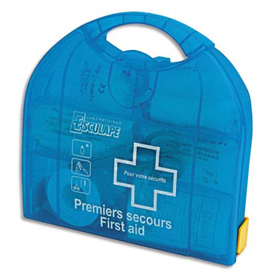Coffret premiers secours special bureaux avec support mural pour 1 a 5 personnes