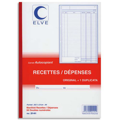 Manifold autocopiant recette/depense Lebon & vernay - format 21x29,7 cm - 50 feuillets dupli