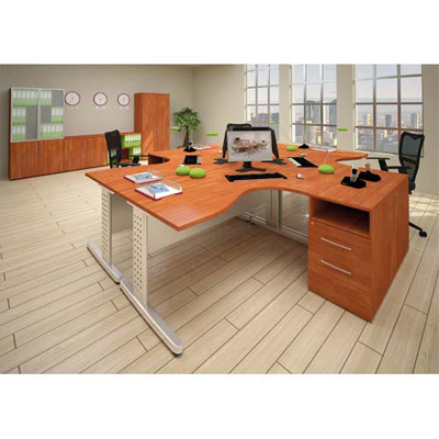 Bureau Impact arrondis pied L retour droit 180x74x100 cm merisier