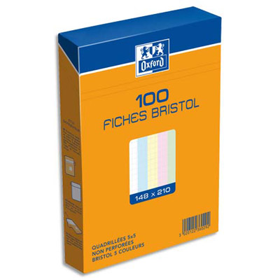 Boite de 100 fiches bristol - 14,8x21 cm - 5x5 - coloris assortis