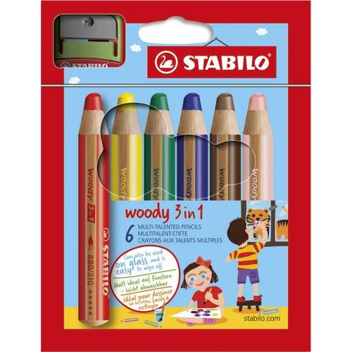 Boite de 6 crayons de couleurs Stabilo Woody - pointe extra large - mine aquarellable 10mm