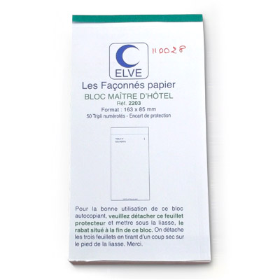 Bloc Maitre d hotel - 50 feuillets autocopiant numerotes - format 8,5 x 16,5 cm - tripli