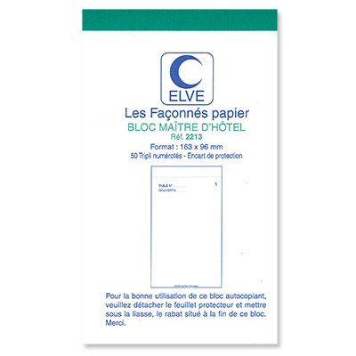 Bloc Maitre d hotel autocopiant - tripli - 50 feuillets - format 9,6 x 16,5 cm