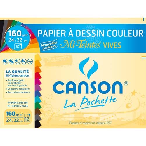 Pochette de 12 feuilles papier dessin Canson - mi-teintes - 160g - 24x32cm - assortis vifs