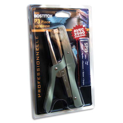 Blister contenant une pince agrafeuse en acier gris Bostitch P3 + 2500 agrafes SP1906E - capacite 35 feuilles