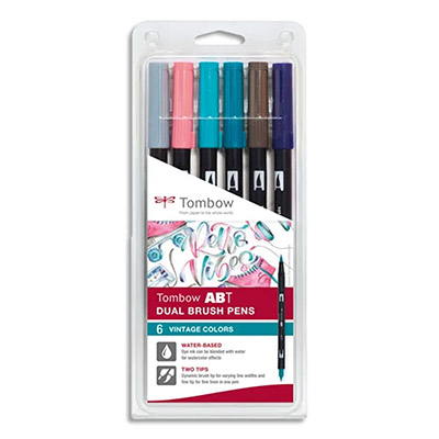 Feutres-pinceau Tombow ABT Dual Brush Pen assortis vintage - encre à base d'eau - set de 6 - aquarel