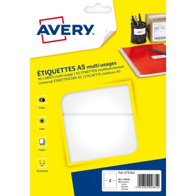 Etiquettes multi-usages Avery - ETE002 - 80 x 140 mm - 16 planches A5 - blanches - paquet de 32