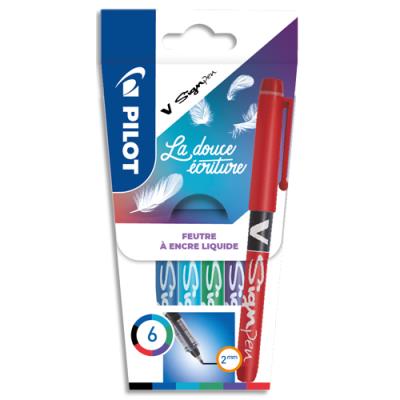 Pochette de 6 Pilot V-Signpen encre assorties : Noire, Bleue, Rouge, Verte, Turquoise, Violette