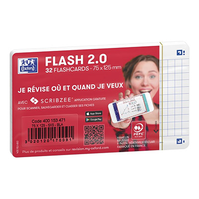 Sachet de 32 fiches BRISTOL FLASH Oxford 2.0 non perforées 75x125mm 250g 5x5 Blanc