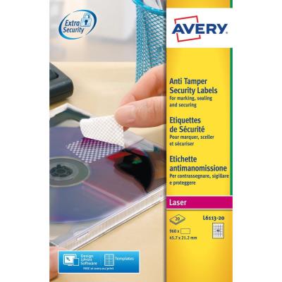 Étiquettes ultra-résistantes anti-vol Avery pour imprimantes laser - 45,7 x 21,2 mm - 20 feuilles - 