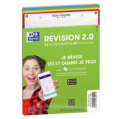 Sachet de 32 fiches BRISTOL REVISION Oxford 2.0 perforées A5 250g 5x5 Assortis