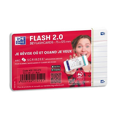 Sachet de 32 fiches BRISTOL FLASH Oxford 2.0 non perforées 75x125mm 250g lignées Blanc