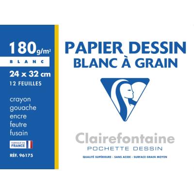 Papier dessin à grain Clairefontaine - 24 x 32 cm - 180 g  - pochette de 12 feuilles blanches