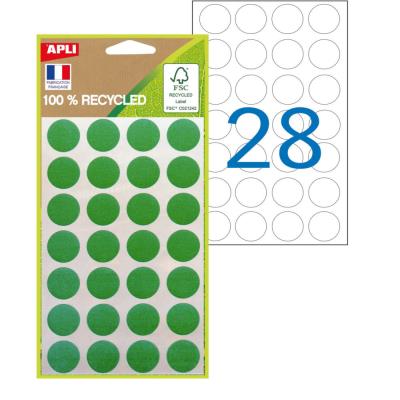 Pastilles adhésives recyclées Apli - diam.15 mm Vert - Pochette de 168