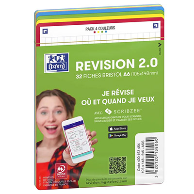 Sachet de 32 fiches BRISTOL REVISION Oxford 2.0 non perforées A6 250g 5x5 Assortis