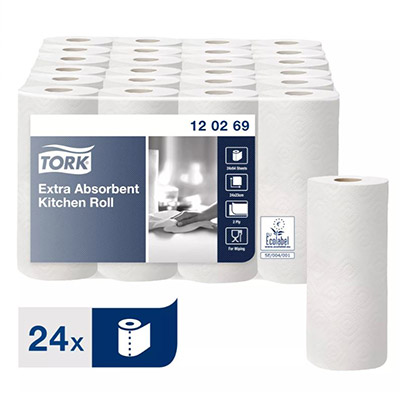 Essuie-tout double épaisseur Tork - 120269 - 50 feuilles - 229 mm - Blanc - Boîte 24 rouleaux