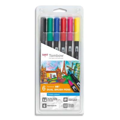 Feutres Tombow ABT double pointe - pinceau + fine - couleurs primaires assortis - boîte de 6