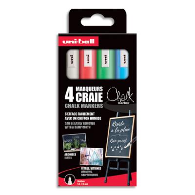 Pochette 4 marqueurs craie Uni-Ball CHALK - Pointe conique 1,8-2,5mm - Coloris Blanc,Vert Fluo,Rouge