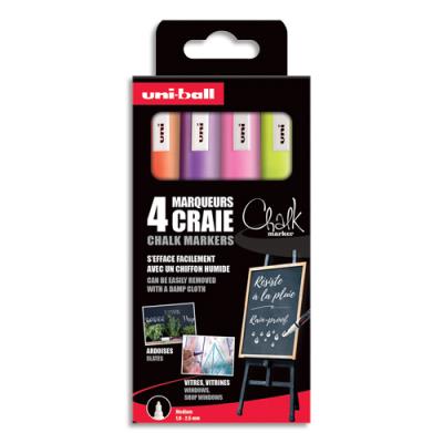 Pochette 4 marqueurs craie Uni-Ball CHALK - Pointe conique 1,8-2,5mm - Fluo : Jaune, Orange, Rose et