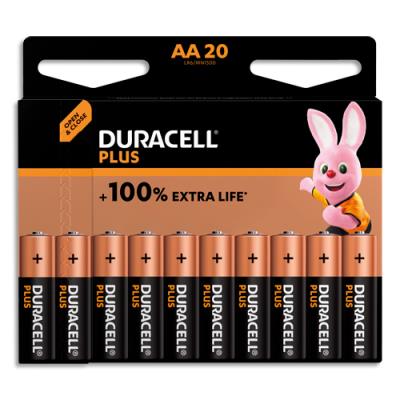 Piles alcalines Duracell AA Plus 100% - 1,5V LR6 MN1500 - lot de 20 piles