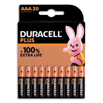 Piles alcalines Duracell AAA Plus 100% - 1.5V LR03 MN2400 - lot de 20 piles
