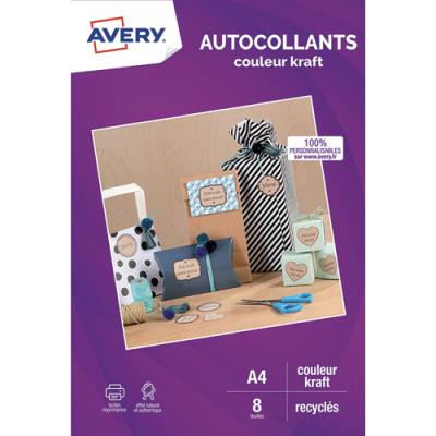 Sachet de 8 autocollants Avery kraft brun recyclé A4 - Impression jet d'encre et laser