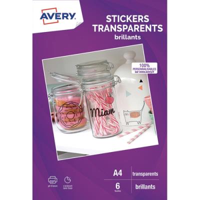 Sachet de 6 autocollants Avery transparents A4 - Impression jet d'encre