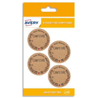 Sachet de 20 étiquettes rondes Avery kraft brun diamètre 4,8cm inscription confiture faite maison
