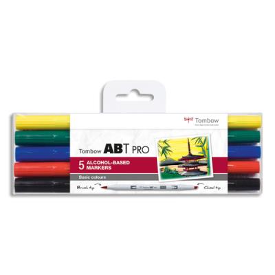 Set de 5 marqueur Tombow à base d'alcool ABT PRO, pointe en nylon et pointe biseautée, Couleur Prima