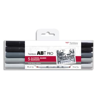 Set 5 marqueur à base d'alcool Tombow ABT PRO, pointe en nylon et pointe biseautée - Couleur gris fr