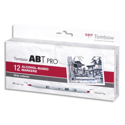 Set de 12 marqueur à base d'alcool Tombow ABT PRO, pointe en nylon et pointe biseautée - Couleur gri