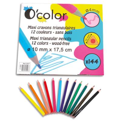 Pack de 144 maxi crayons de couleurs O'Color en résine triangulaire - Diamètre 10mm, mine 4mm - Asso