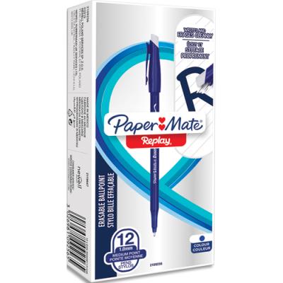 Stylo-Bille Effaçable Papermate - Replay - Pointe Moyenne - Boîte de 12 - Bleu