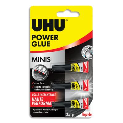 Colle UHU Power Glue liquide - Mini de 3x1gr - Idéal pour petites zones - Colle support solide et fl