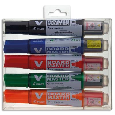 Pochette de 5 marqueurs Pilot VBoard Master - Noir, bleu, rouge, vert et orange - Rechargeable - Pte
