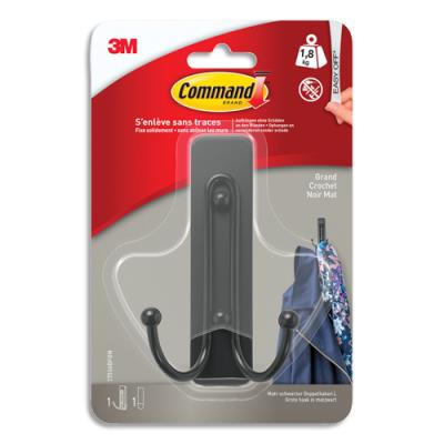 Crochet double adhésif 3M grand en métal nickel noir - poids supporté 1,8kg - s'enlève sans trace