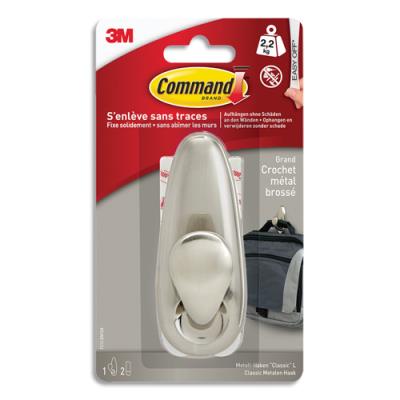 Crochet simple adhésif 3M grand en métal brossé - poids supporté 2,2kg - s'enlève sans trace