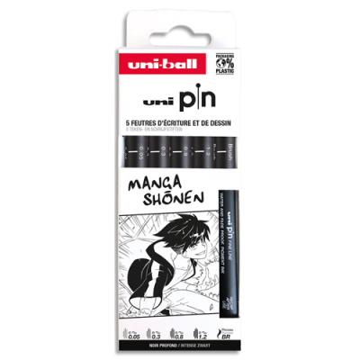 Pochette de 5 feutres techniques Uni-Ball UNI PIN - 5 Pointes calibrées noires - Thématique manga Sh