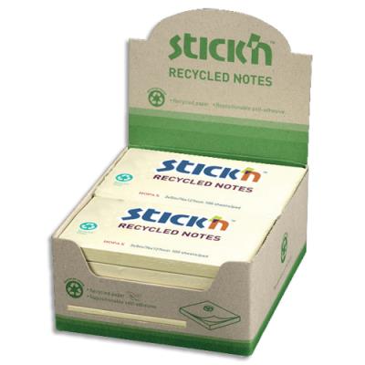 Lot de 12 blocs de 100 feuilles Stick'N - recyclés - repositionnables - 76x127 mm - Couleur jaune