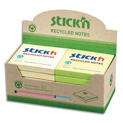Lot de 12 blocs de 100 feuilles Stick'N - recyclés - repositionnables - 76x76 mm - Couleurs pastels