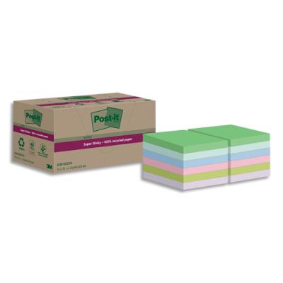Lot de 12 blocs notes Post-It Super Sticky - Recyclées - 47,6x47,6 mm - Couleurs assortis