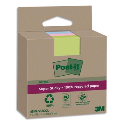 Lot de 3 blocs notes Post-It Super Sticky - Recyclées - 76x76 mm - Couleurs assortis