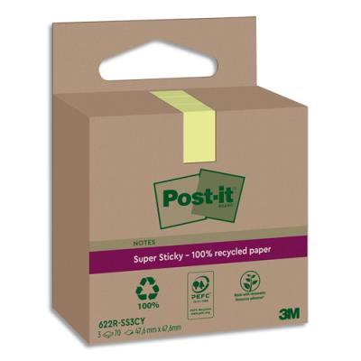 Lot de 3 blocs notes Super Sticky Post-It Recyclées - 47,6x47,6 mm - Jaune Pastel