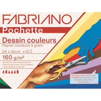Pochette scolaire de 12 feuilles de papier dessin Fabriano couleurs vives 160g 24x32 cm