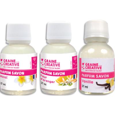 Lot de 3 parfums pour savons Graine Creative de 27 ml - Parfums monoï, fleur d'oranger et vanile